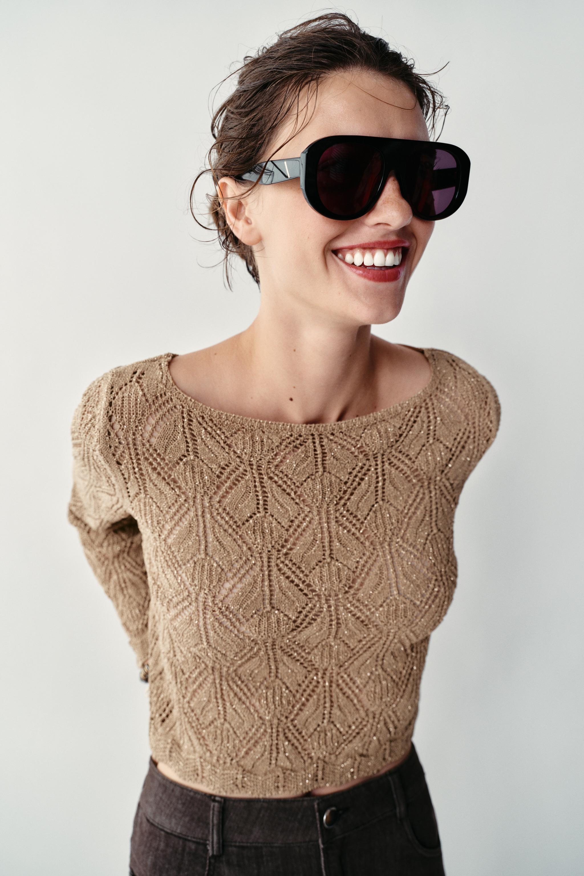 METALLIC THREAD POINTELLE KNIT JUMPER